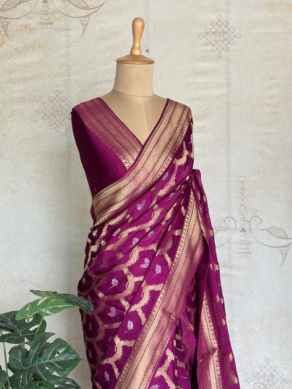 Vrishti - Mushru Satin Silk Saree with Antique Zari Jaal Weaving - Festive Edit