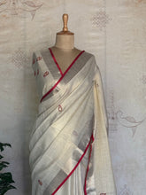 Jivika - Ivory Pure Linen Saree with Hand Embroidery & Red Selvedge