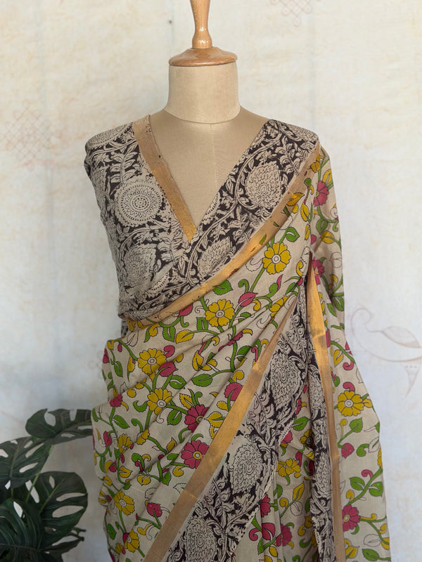 Pure Chennuri Silk Kalamkari Saree – Ivory, Black & Multicolor Floral
