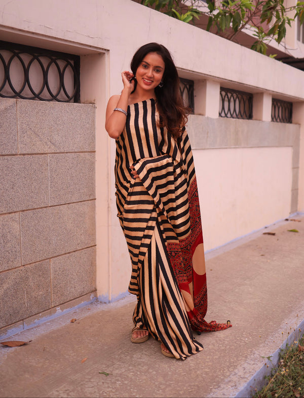 Black & Red Modal Saree with Striped Body and Ajrakh Printed Blouse | Handcrafted Saree