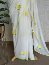 Mul Cotton Saree – Half White with Yellow Floral Embroidery & Contrast Border - Onam Edit