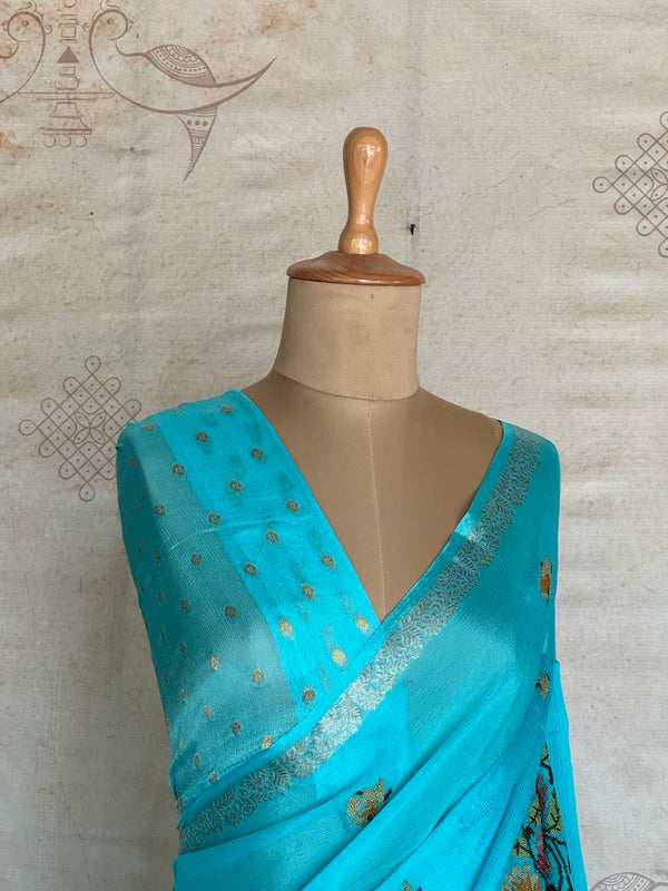 Sadhna - Pure Chiffon Cross Stitch Saree with Floral Embroidered Border & Zari Pallu