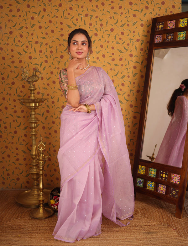 Chandheri Mirror Embellished Saree with Subtle Jaal Border & Tassel Pallu