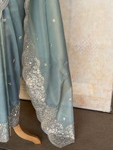 Powder Blue Soft Organza Saree with Scalloped Edges & Gold Pita Work Embroidery