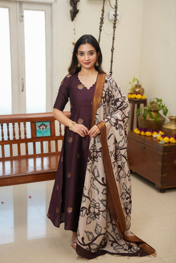 Dwaraka - Raw Silk 3-Piece Suit Set with Kalamkari Dupatta