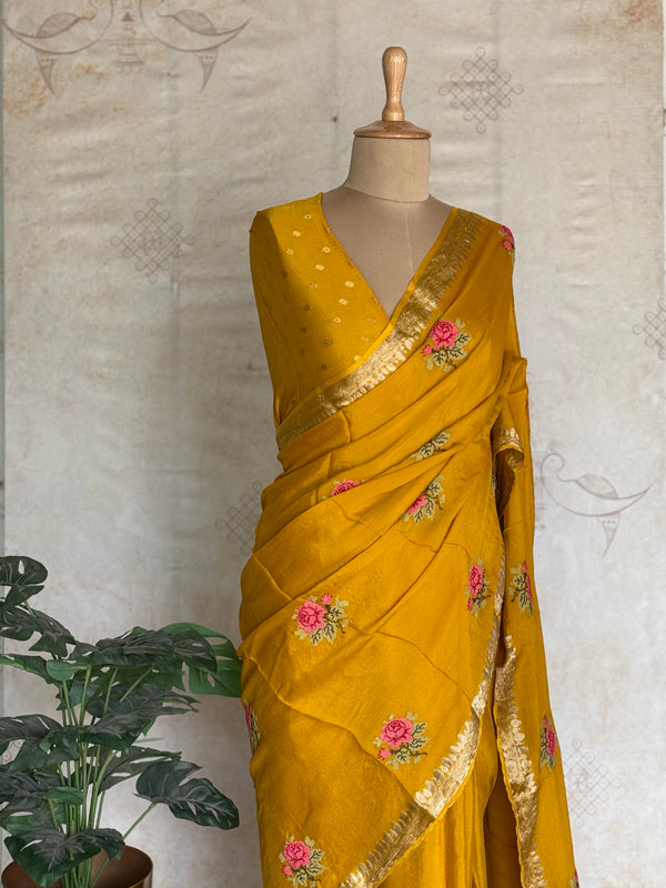 Vandita - Pure Chiffon Saree with Cross Stitch Floral Embroidery