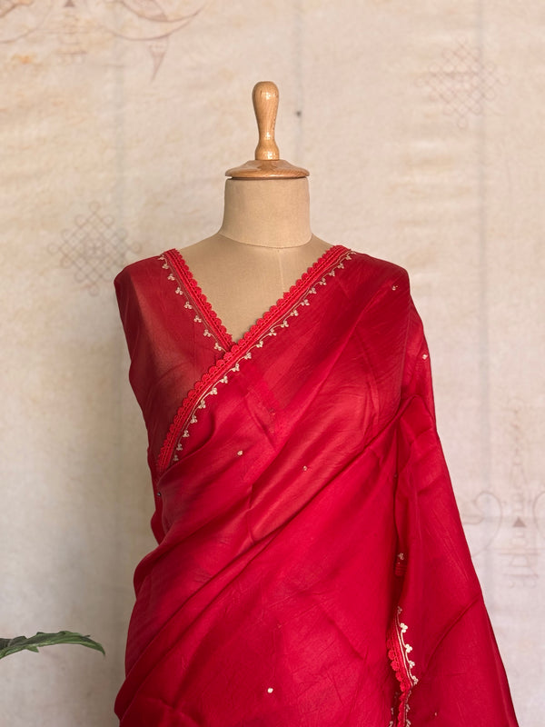 Tarini Pure Organza Saree – Vibrant Red with Delicate Floral Embroidery