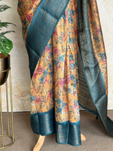 Chandini - Kalamkari Antique Zari Border Saree – Mustard Gold & Peacock Blue