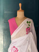 Off-White Mul Cotton Hand-Painted Saree with Pink Rose Motifs & Hakoba Blouse