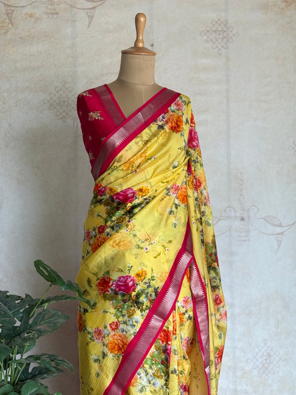 Digital Print Mangalgiri Silk Saree in Sunlit Yellow & Rani Pink