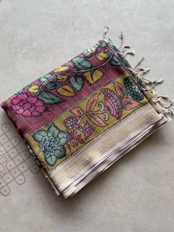 Gulmohar - Pen Kalamkari Tussar Silk Saree with Zari Border & Artistic Pallu