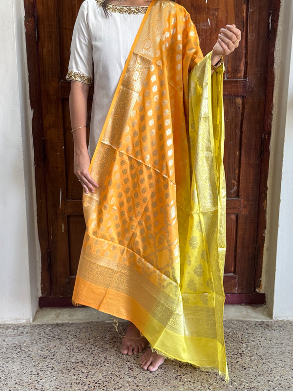 Banarasi Ombre Silk Dupatta in Orange & Yellow with Zari Buttas and Jaal Design
