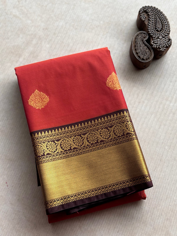 Semi Kanchi Silk Saree - Rust Orange Festive & Ethnic Wear