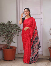 Red Modal Saree with Silver Buttas with Ajrakh Pallu