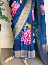 Atharvi - Mushru Silk Saree with Floral Digital Print & Antique Zari Border Blue