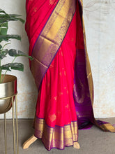 Semi Kanchi Silk Saree with Kolam Buttas & Royal Purple Contrast Border