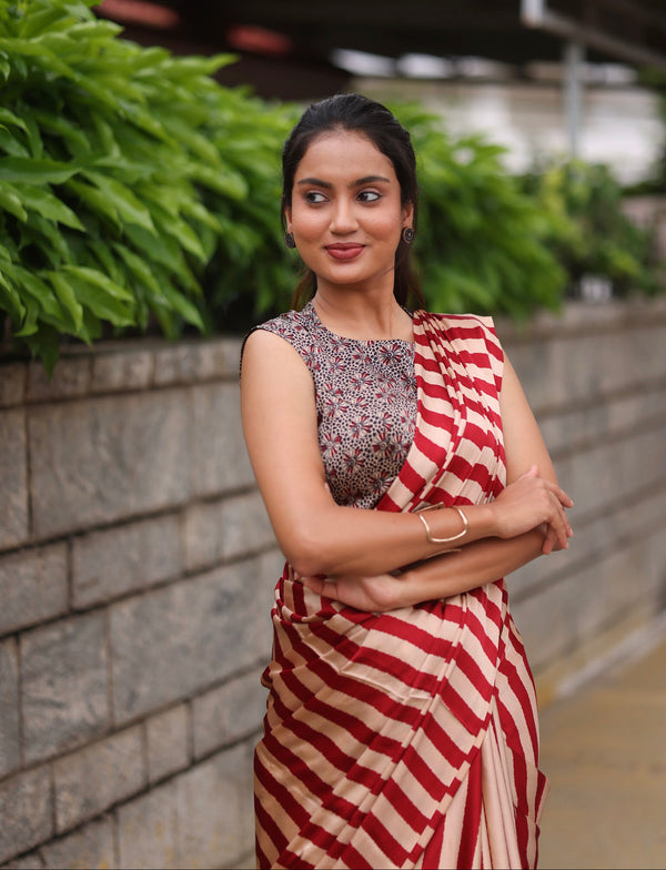 Beige & Red Modal Saree with Striped Body and Ajrakh Printed Blouse | Handcrafted Saree