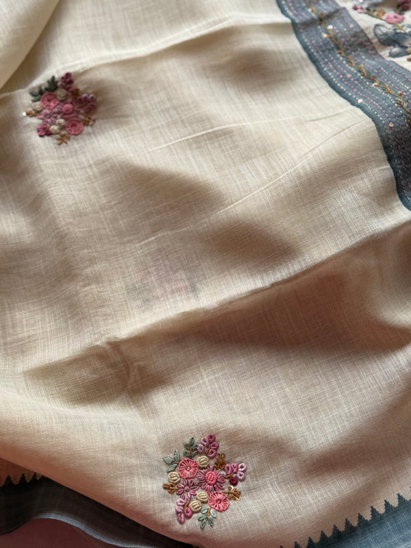 Ceya Linen Saree with Hand Floral Embroidery