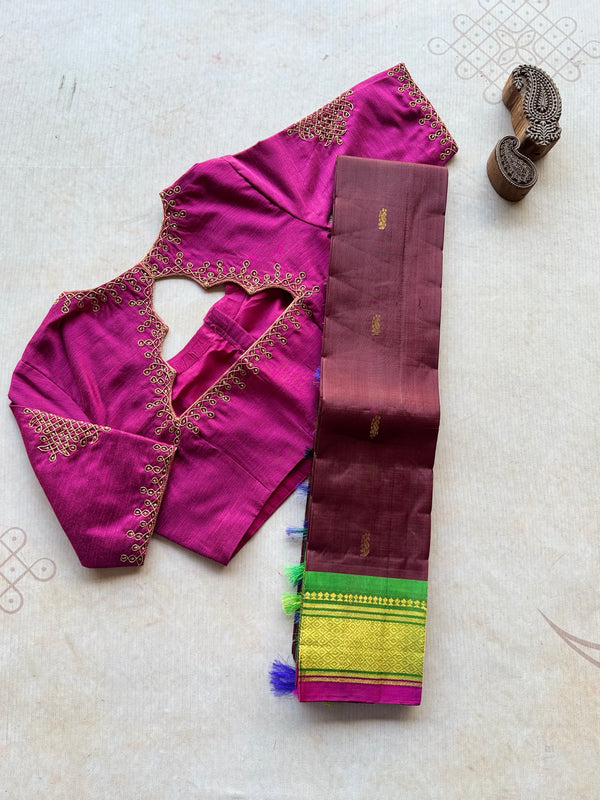 Pure Thirubuvanam Silk Saree in Arakku with Green | Handwoven Traditional Zari Saree with Aari Work Blouse