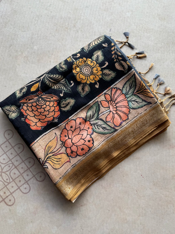 Gulmohar - Pen Kalamkari Tussar Silk Saree with Zari Border & Artistic Pallu