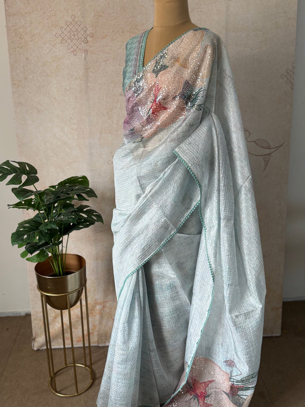 Semi tussar zari lined saree with sequins embellished pallu and Hakoba border – Anvi by Studio Virupa