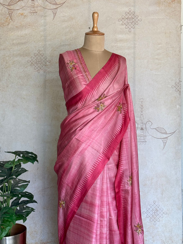 Ceya - Pink Tussar Silk Saree with Floral Hand Embroidery & Statement Pallu