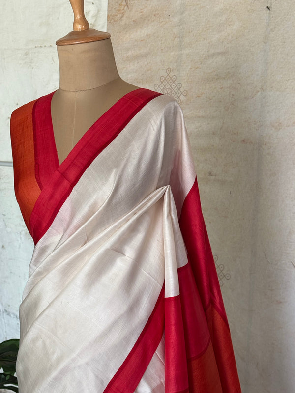 Vihara - Pure Tussar Silk Saree Ivory White with Red Border & Multicolor Pallu