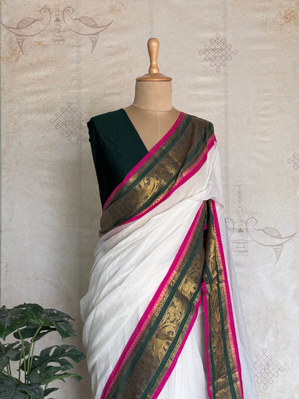 Mul Cotton Saree With Zari Accents - Onam Edit