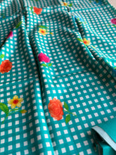 Pure Mangalgiri Silk Aqua Blue Gingham Checks Saree with Floral Digital Prints