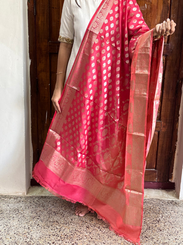 Banarasi Ombre Silk Dupatta in Rani Pink & Coral with Zari Buttas and Jaal Design