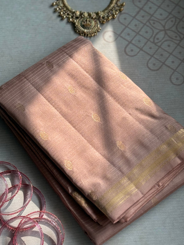 Pure Kanjivaram Soft Silk Saree in Antique Rose with Zari Buttas & Kanchi Border – Vintage Edition