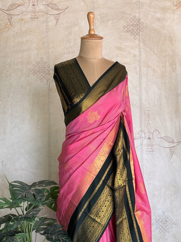 Semi Kanchi Silk Saree — Pink & Black