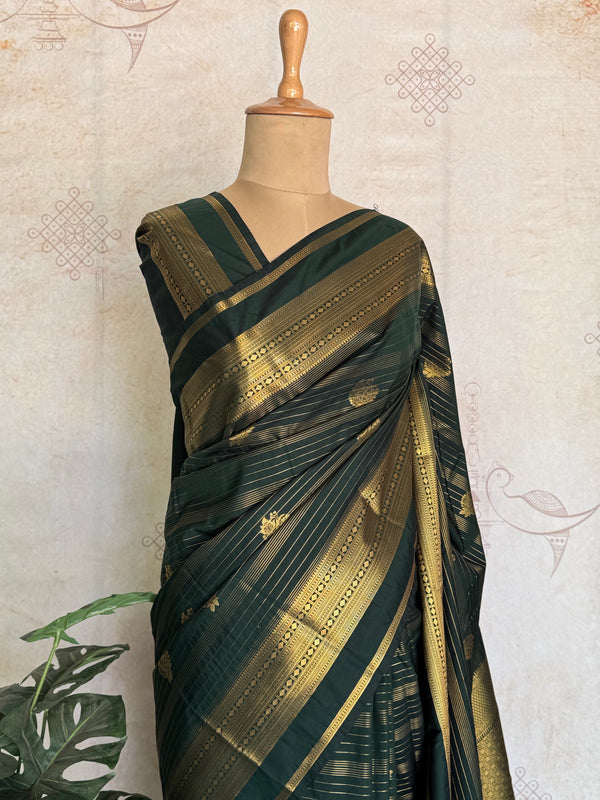 Midnight Emerald Semi Kanchi Silk Saree with Grand Zari Pallu