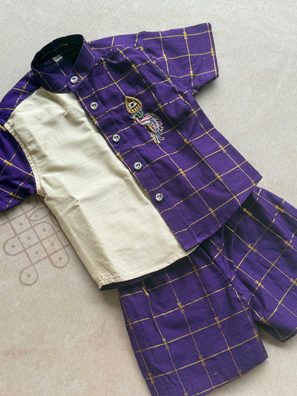 Magilan - Velum Mayilum Hand-Embroidered Boys Shirt & Trouser Set — South Indian Traditional Ethnic Wear Onam Edit