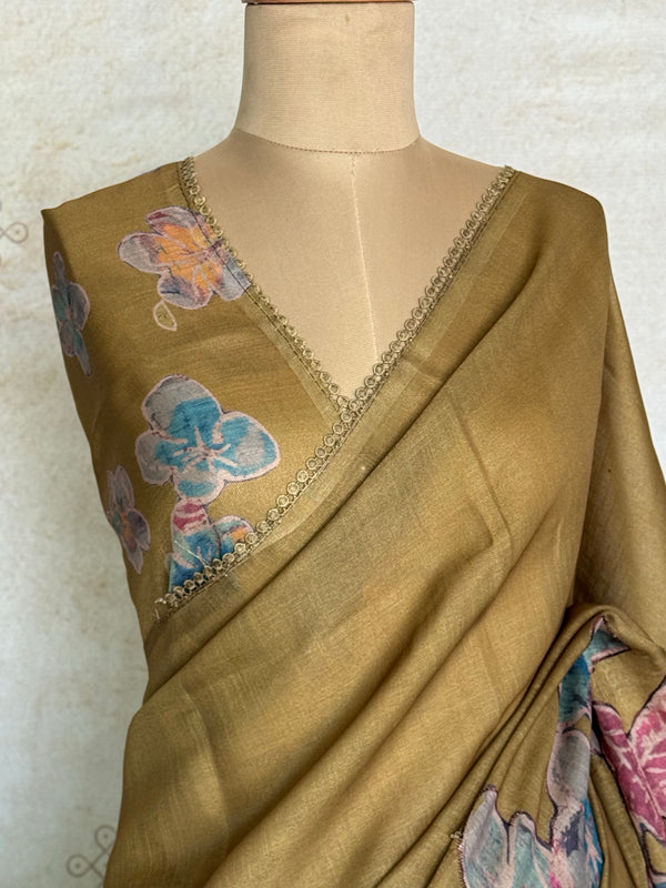 Shraddha - Linen Floral Applique Saree — Khaki Gold with Hakoba Lace Border