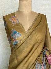 Shraddha - Linen Floral Applique Saree — Khaki Gold with Hakoba Lace Border