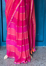 Mul Cotton Saree with Gold Zari Stripes – Rani Pink & Coral Blend