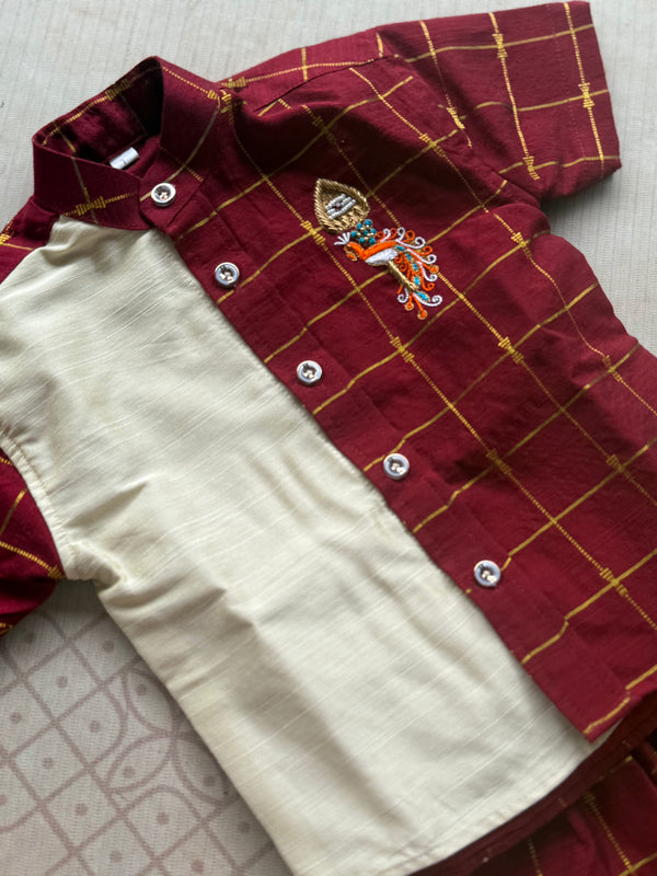 Magilan - Velum Mayilum Hand-Embroidered Boys Shirt & Trouser Set — South Indian Traditional Ethnic Wear Onam Edit