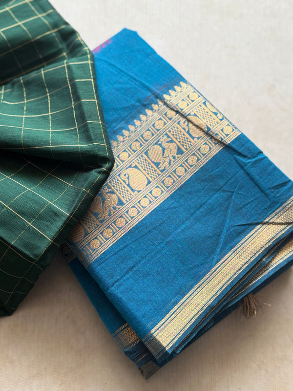 Kanchi Cotton Saree with Gold Zari Peacock Border - Traditional Wear