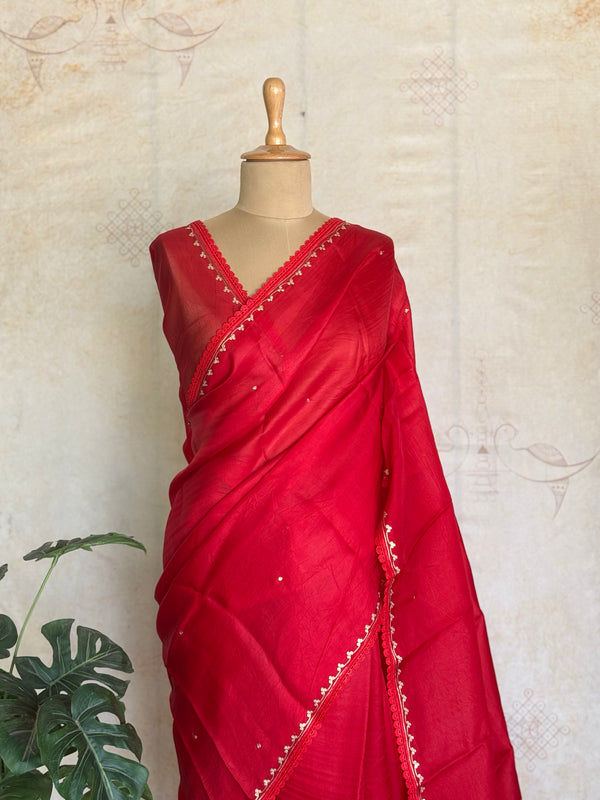 Tarini Pure Organza Saree – Vibrant Red with Delicate Floral Embroidery