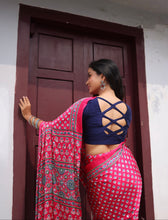 Rani Pink Modal Silk Bagru Print Saree with Mirror Work | Ajrakh Blouse