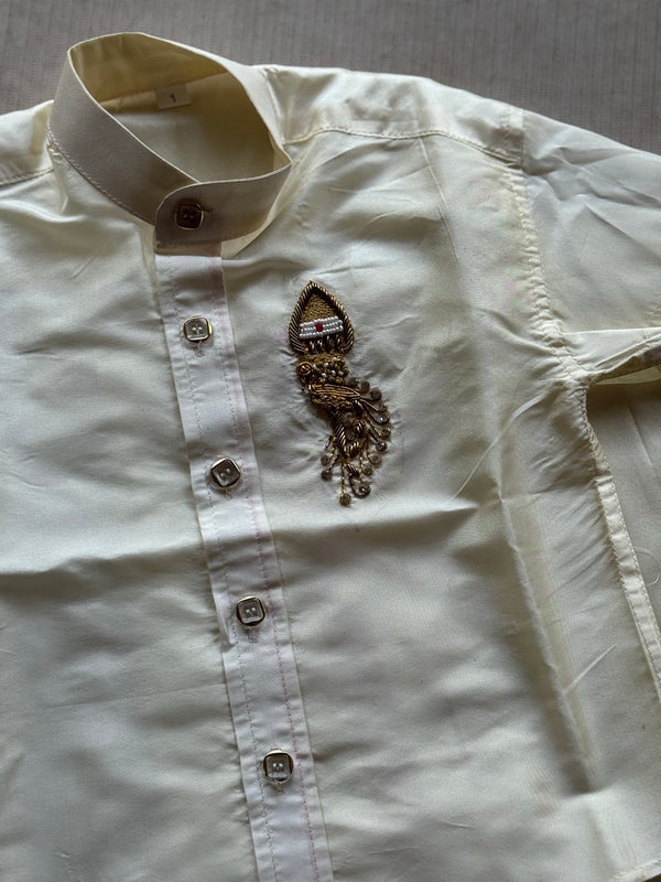 Velum Mayilum Hand-Embroidered Boys Ven Pattu Temple Shirt & Dhoti Set — South Indian Traditional Ethnic Wear