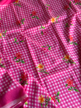 Pure Mangalgiri Silk Pink Gingham Checks Saree with Floral Digital Prints