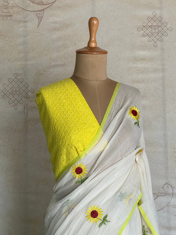 Mul Cotton Saree – Half White with Yellow Floral Embroidery & Contrast Border - Onam Edit