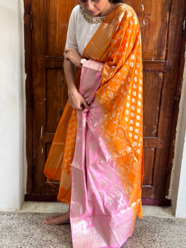 Banarasi Ombre Silk Dupatta in Orange & Pink with Zari Buttas and Jaal Weaving