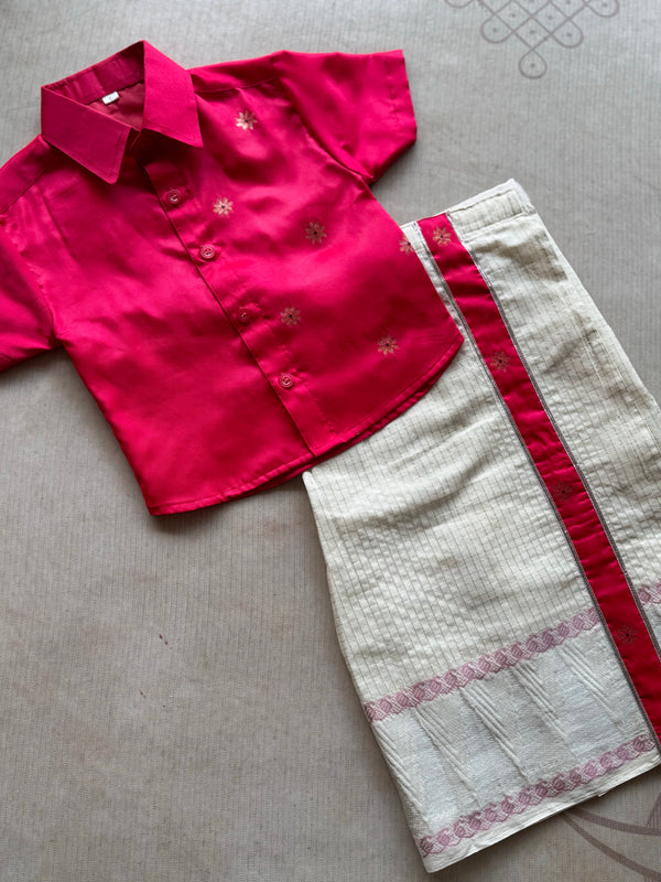 Boys Silk Shirt & Cotton Dhoti Set – Festive Pink Elegance