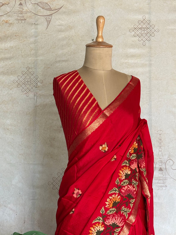 Sadhna - Pure Chiffon Cross Stitch Saree with Floral Embroidered Border & Zari Pallu