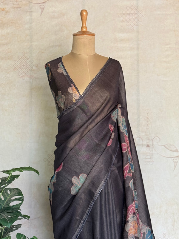 Shraddha - Linen Floral Applique Saree — Black Hakoba Lace Border
