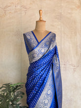 M.S Blue Banarasi Saree with Silver Zari Jaal Border