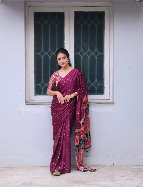 Wine Modal Saree with Silver Buttas with Ajrakh Pallu